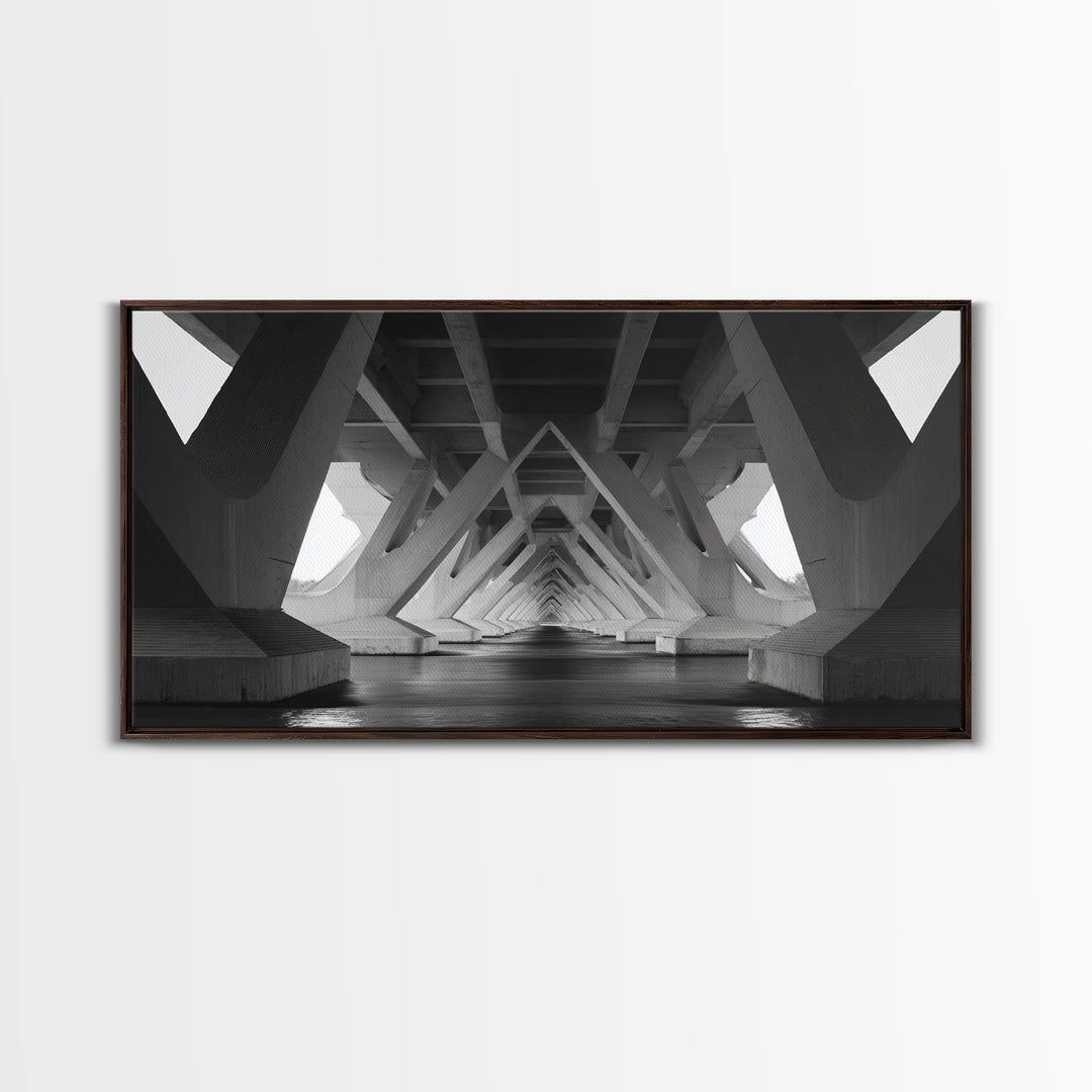 Black And White Bridge Underside Canvas Print, Architectural Art, Geometric Perspective, Modern Wall Decor For Office Study