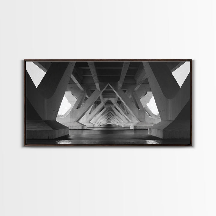 Black And White Bridge Underside Canvas Print, Architectural Art, Geometric Perspective, Modern Wall Decor For Office Study