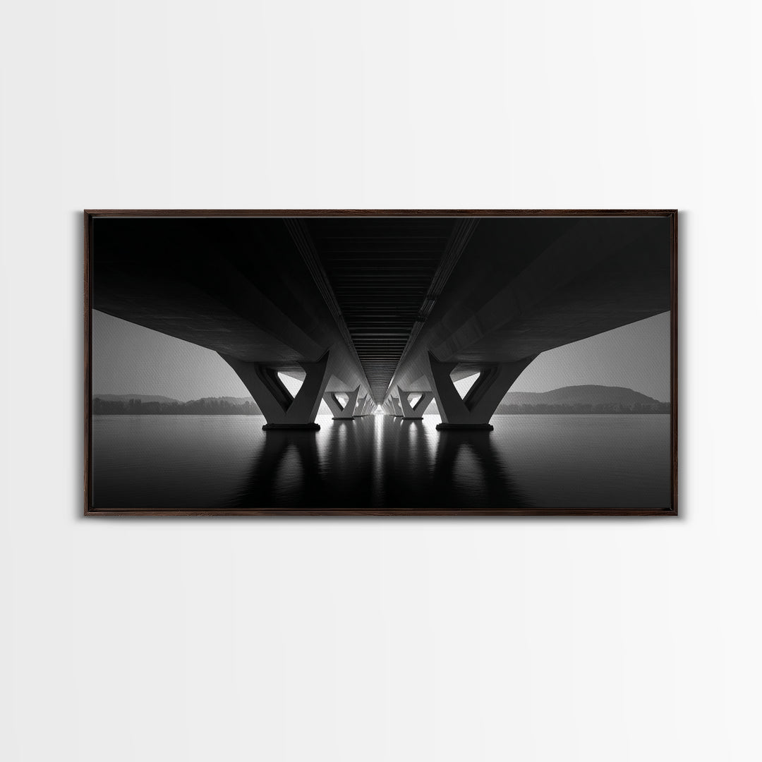 Moody Bridge Underpass Wall Art, Black And White Architectural Photography Print, Geometric Lines, Masculine Office Decor