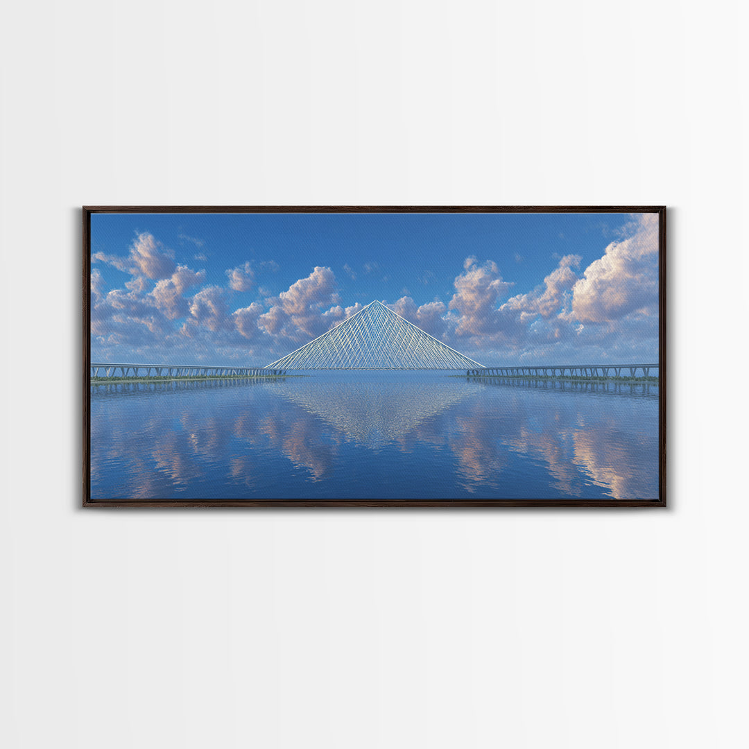 Blue Cable Bridge Reflection Wall Art, Serene Modern Landscape Print, Coastal Water Travel Poster, Living Room Office Decor