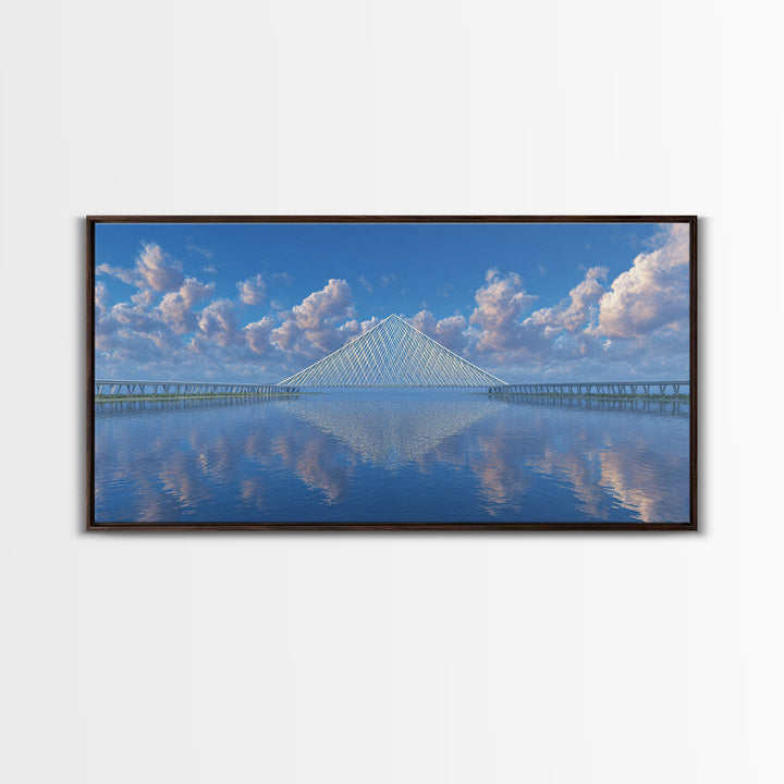 Blue Cable Bridge Reflection Wall Art, Serene Modern Landscape Print, Coastal Water Travel Poster, Living Room Office Decor