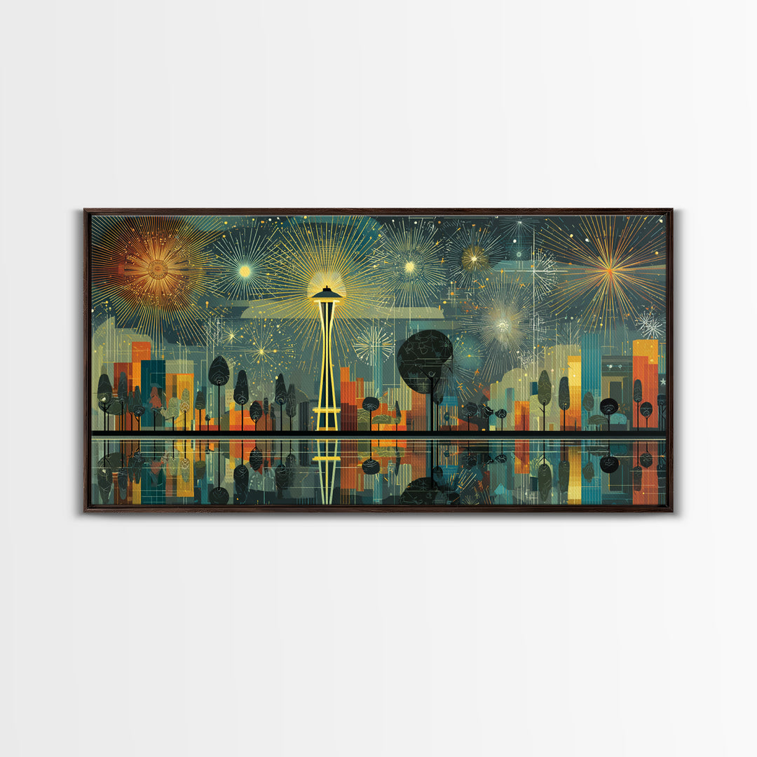 Seattle Space Needle Fireworks Wall Art, Midcentury Modern Cityscape Print, Retro Skyline Poster, Living Room Office Decor