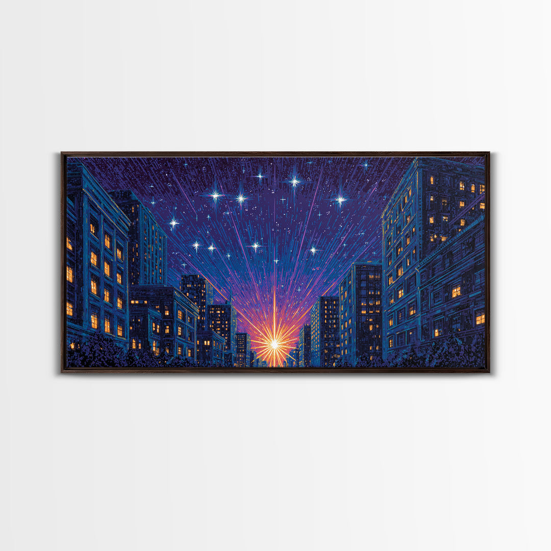 Urban Starburst City Street Wall Art, Modern Night Skyline Print, Blue Orange Retro Poster, Apartment And Office Decor Gift