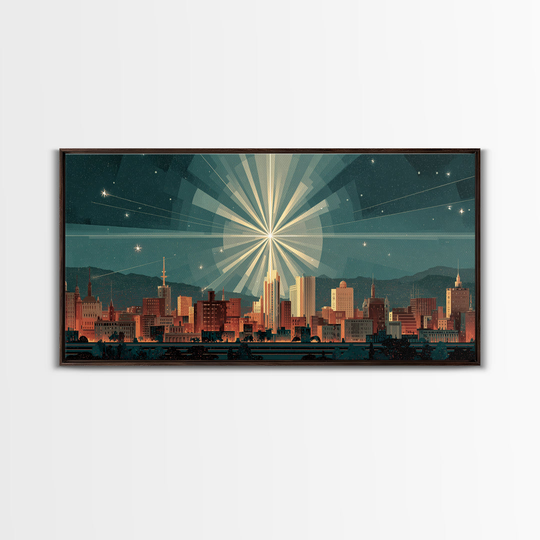 Art Deco City Skyline Wall Art, Geometric Sunburst Night Print, Midcentury Modern Poster, Teal Neutral Living Room Office Decor