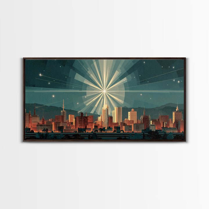 Art Deco City Skyline Wall Art, Geometric Sunburst Night Print, Midcentury Modern Poster, Teal Neutral Living Room Office Decor