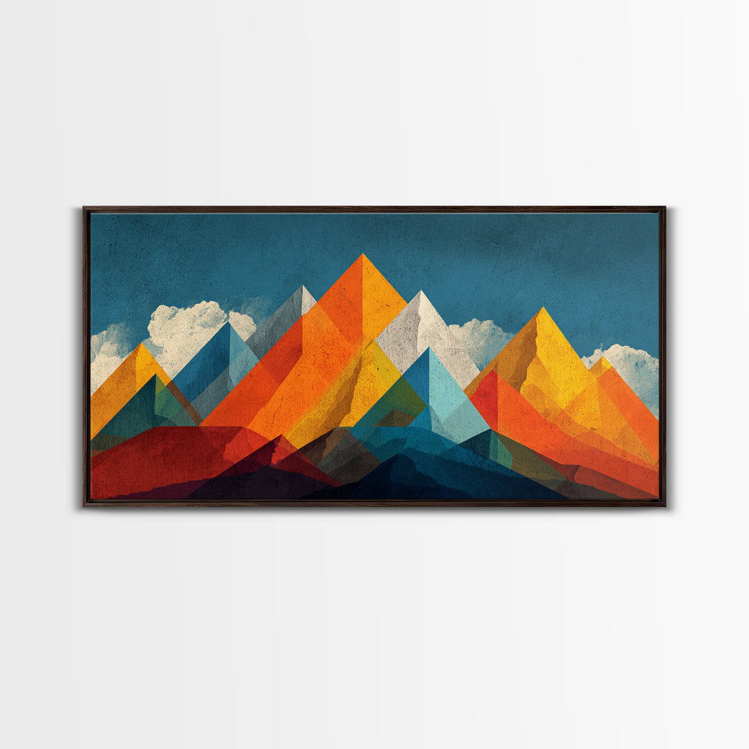 Orange Blue Geometric Mountain Wall Art, Abstract Desert Landscape Print, Midcentury Modern Poster, Bold Home Office Decor