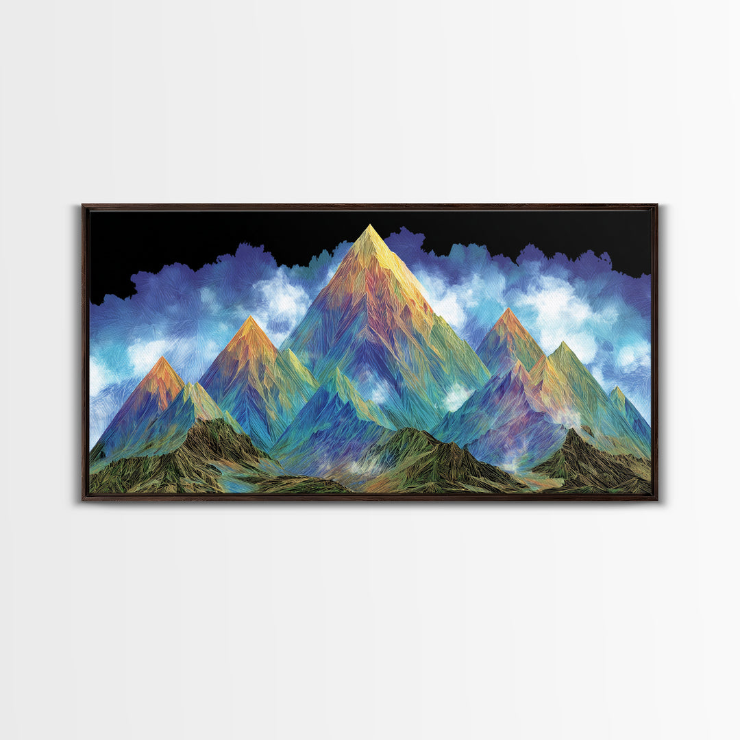 Vibrant Rainbow Mountain Wall Art, Colorful Abstract Landscape Print, Modern Psychedelic Poster, Large MCM Living Room Decor