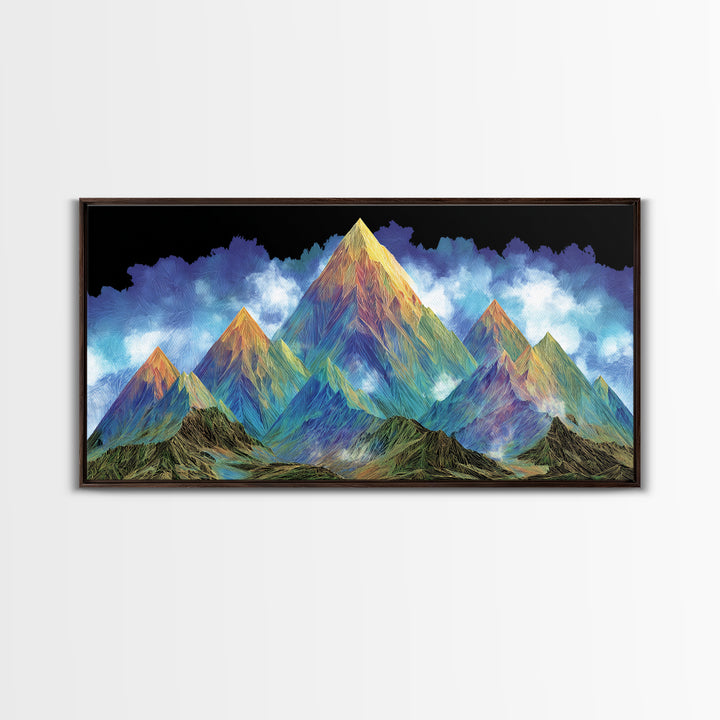 Vibrant Rainbow Mountain Wall Art, Colorful Abstract Landscape Print, Modern Psychedelic Poster, Large MCM Living Room Decor