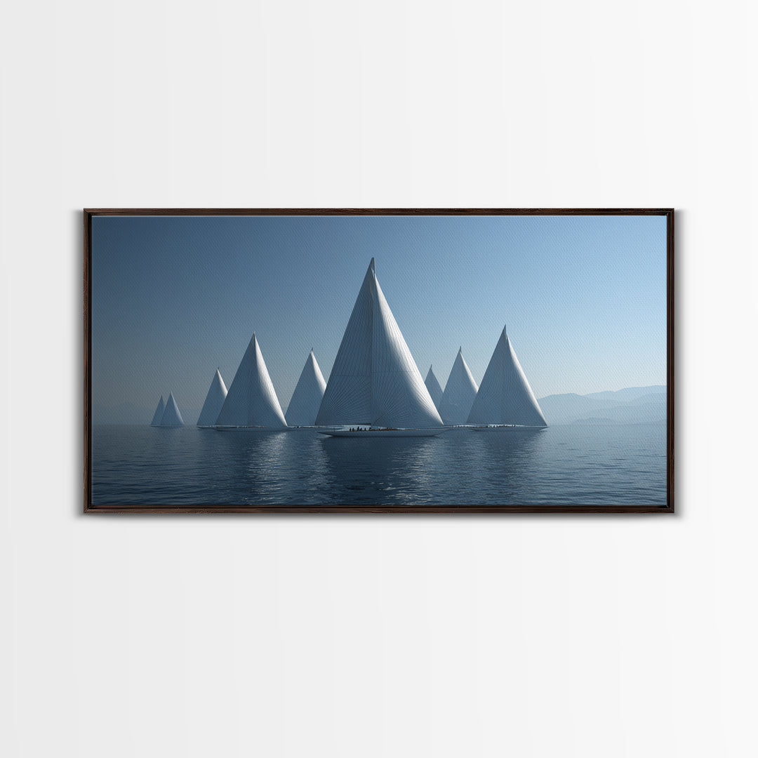 Minimalist White Sailboats Framed Canvas Print, Misty Lake Wall Art, Scandinavian Modern Nautical Decor, Calm Blue Seascape
