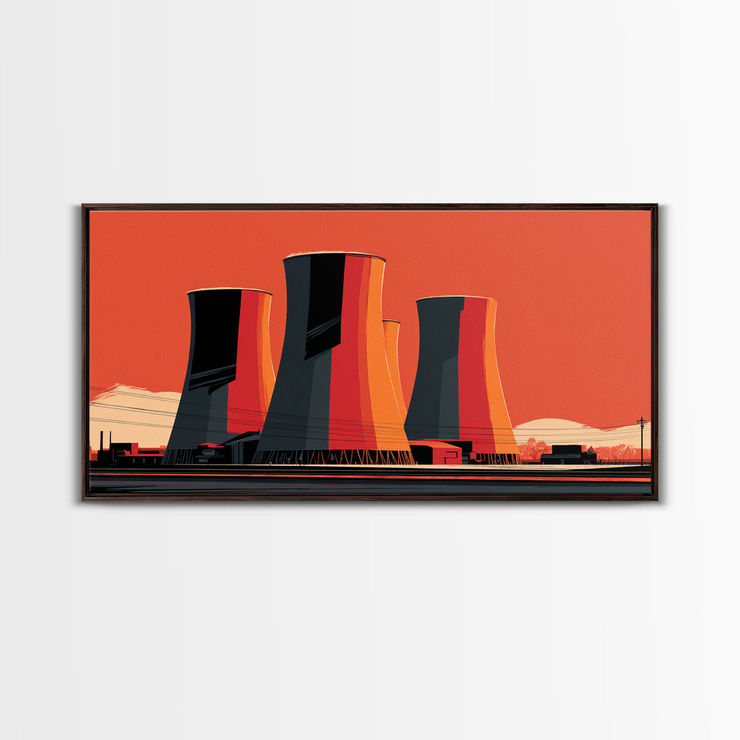 Orange Industrial Cooling Towers Wall Art, Retro Modern Power Plant Poster, Bold MCM Architecture Print, Office Wall Decor