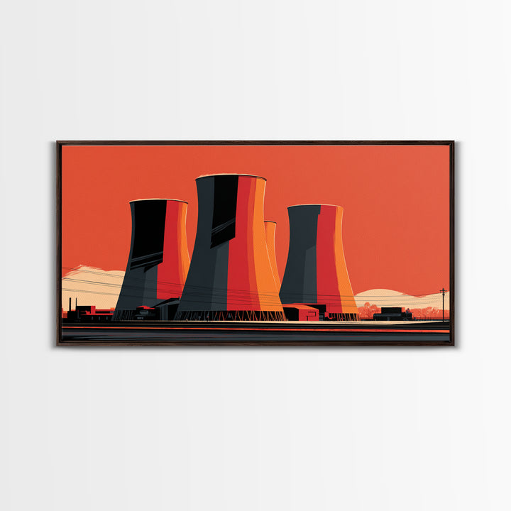 Orange Industrial Cooling Towers Wall Art, Retro Modern Power Plant Poster, Bold MCM Architecture Print, Office Wall Decor