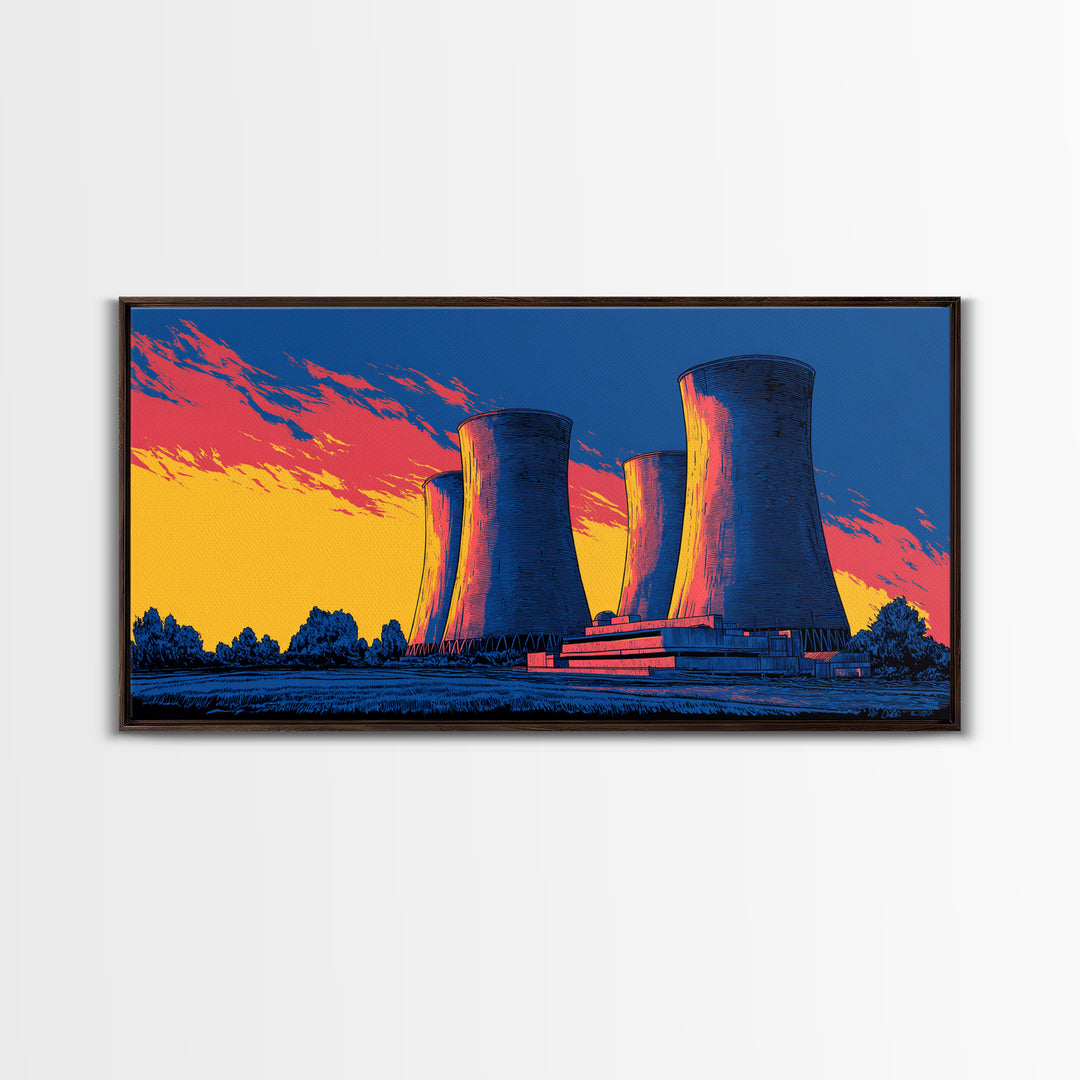 Pop Art Cooling Towers Canvas Print, Neon Sunset Industrial Landscape, Retro Modern Wall Art, Bold MCM Man Cave Office Decor