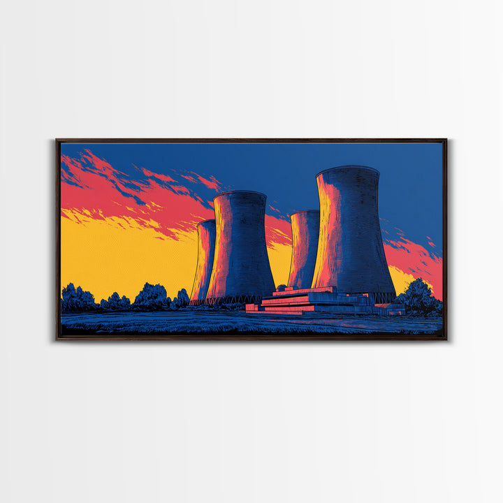 Pop Art Cooling Towers Canvas Print, Neon Sunset Industrial Landscape, Retro Modern Wall Art, Bold MCM Man Cave Office Decor