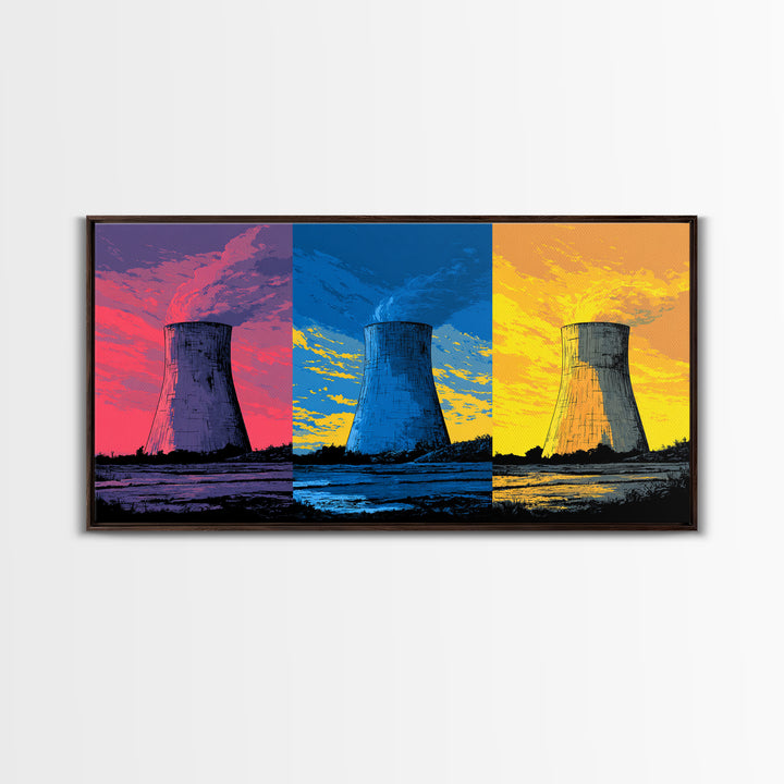 Triptych Cooling Tower Wall Art, Three Panel Pop Art Industrial Poster, Colorful Retro Canvas Print, Bold Modern Office Decor