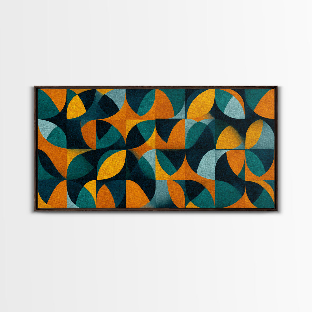 Teal And Ochre Petal Geometry With Circles Framed Canvas Print, Midcentury Modern Wall Art, Atomic Retro Pattern Decor Poster