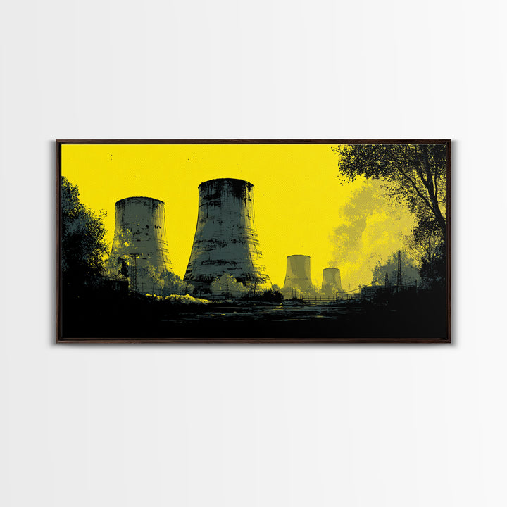 Yellow Nuclear Cooling Towers Wall Art, Industrial Landscape Print, Retro Sci Fi Poster, Modern Wall Decor, Statement Artwork