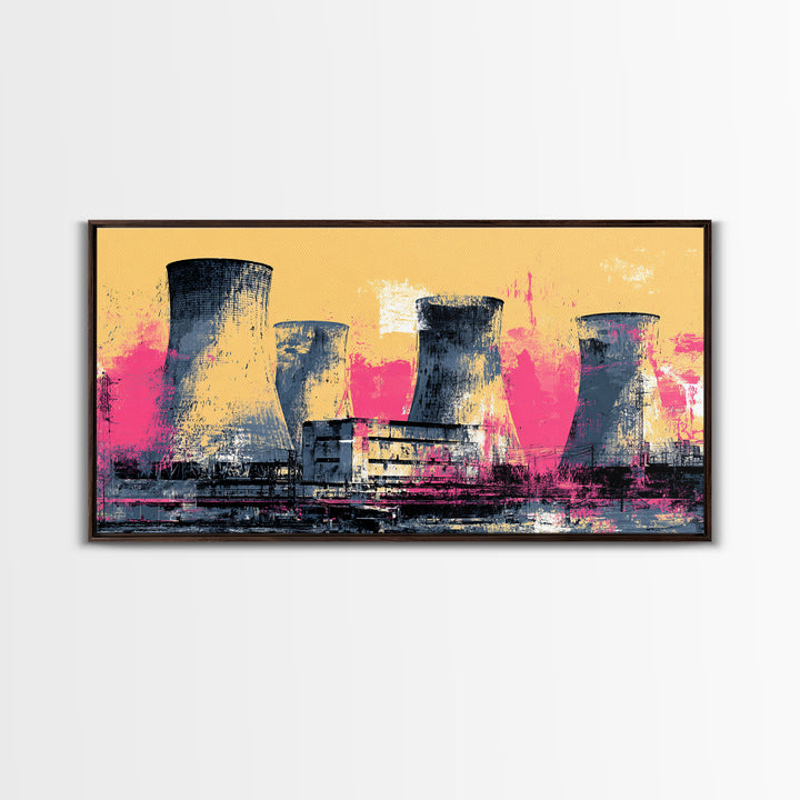 Pink Nuclear Power Plant Canvas Print, Industrial Landscape Wall Decor, Retro Modern Art Print, Bold Statement Artwork For Home Decor