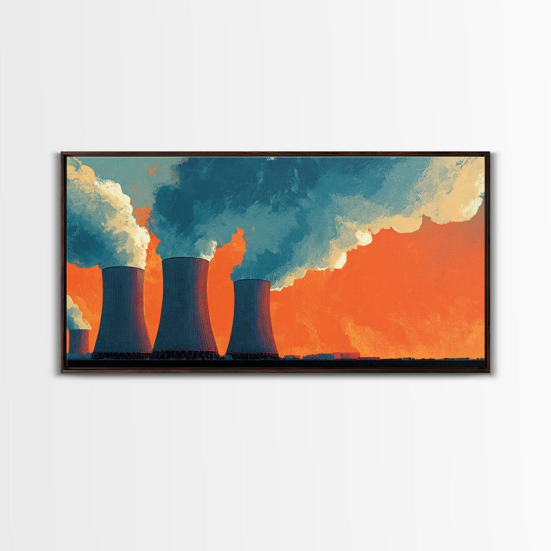 Orange Nuclear Cooling Towers Framed Canvas Print, Industrial Skyline Wall Art, Retro Modern Decor, Bold Landscape Poster
