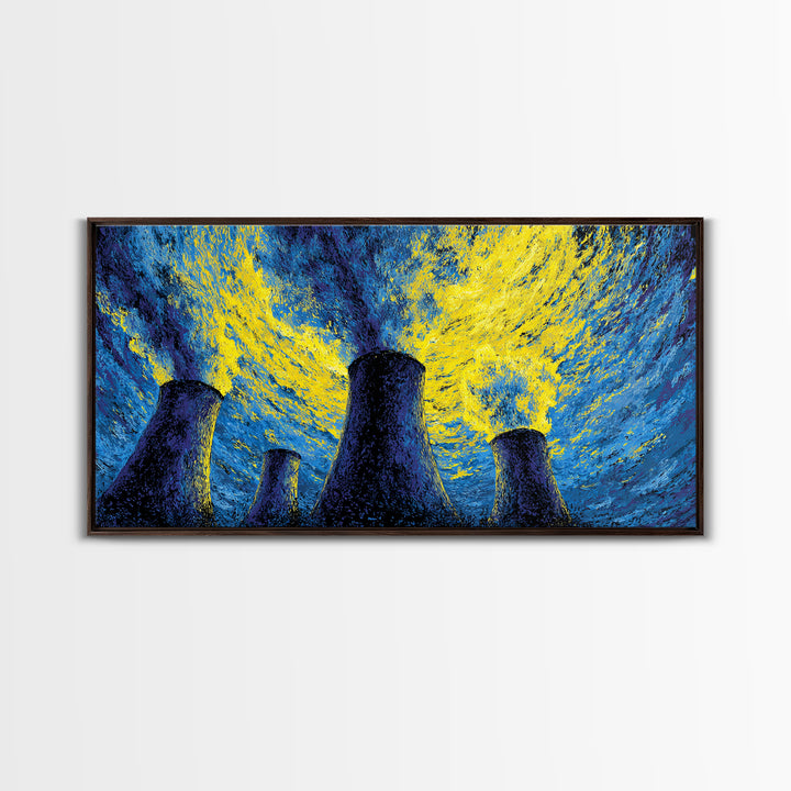 Blue Yellow Cooling Towers Canvas Print, Industrial Night Sky Wall Art, Modern Abstract Decor, Retro Sci Fi Poster Print