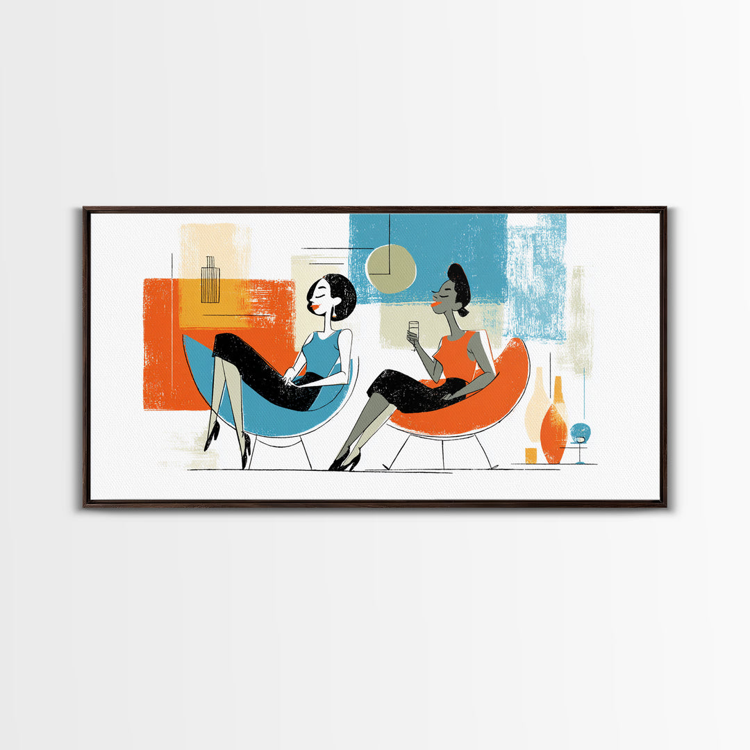 Midcentury Women Lounge Wall Art, Cocktail Chair Illustration, Retro Modern Decor, Colorful MCM Living Room Poster Art Print