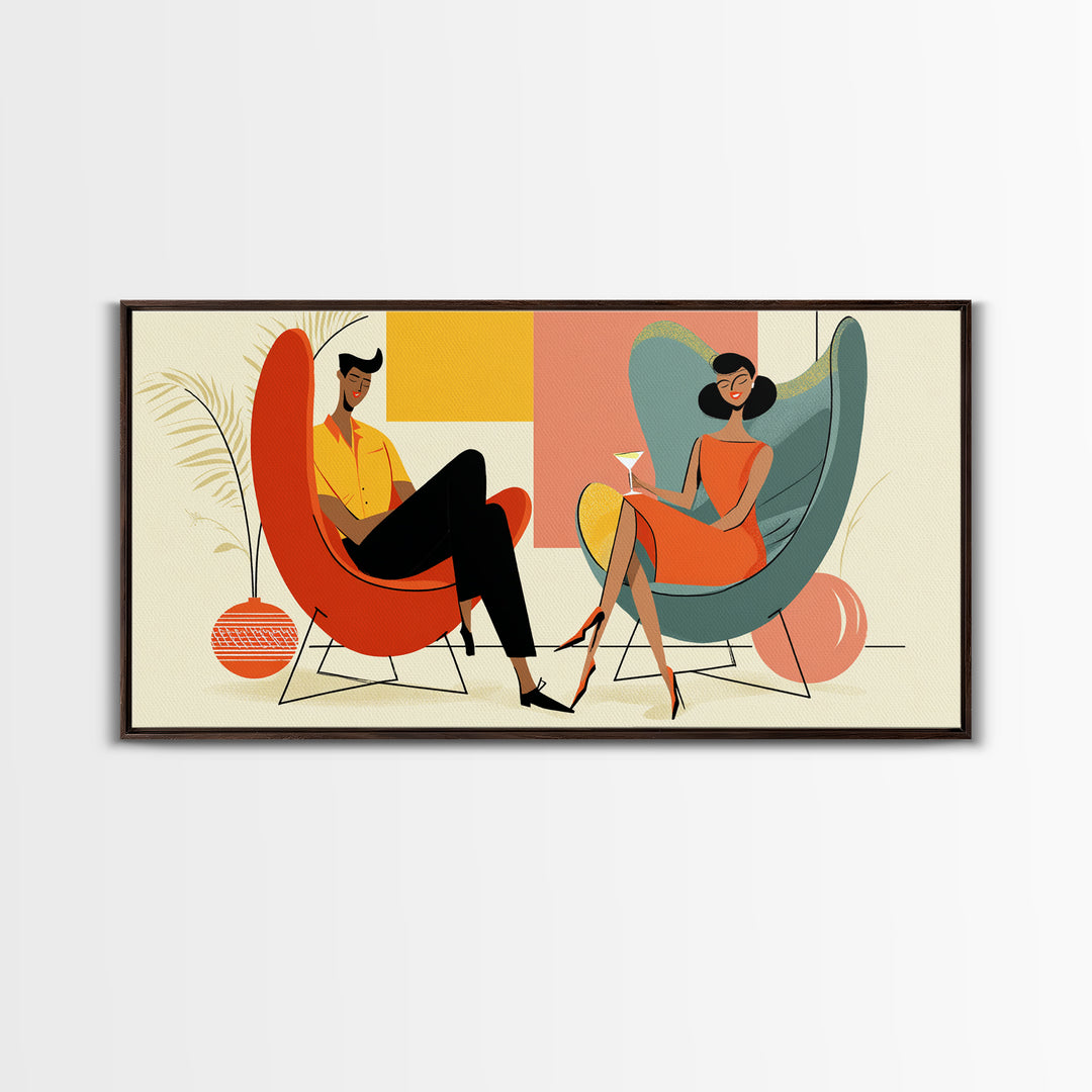 Midcentury Cocktail Lounge Framed Canvas Print, Stylish Couple Wall Art, Retro MCM Decor, Modern Living Room Poster Art Print
