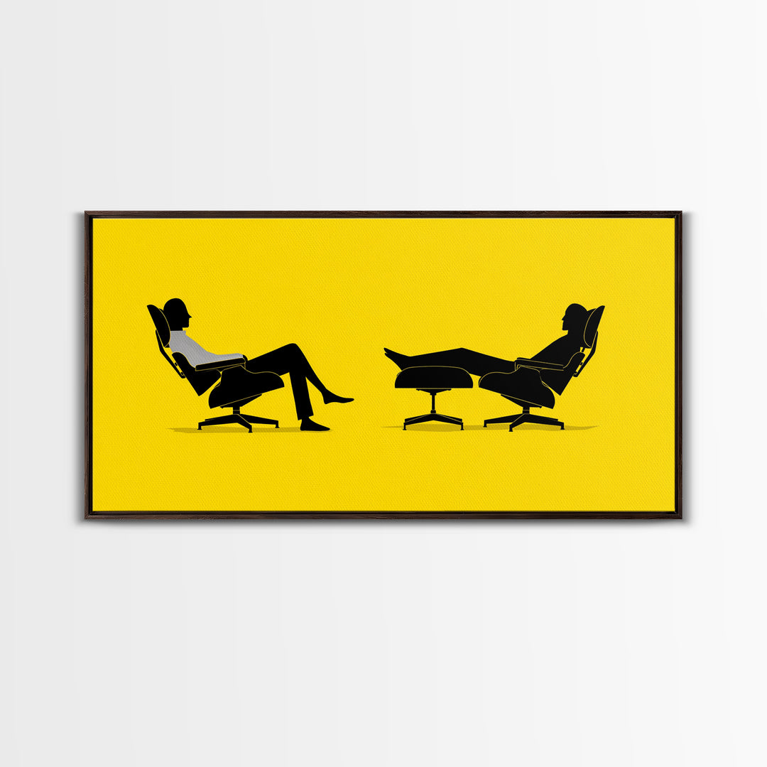 Yellow Midcentury Lounge Chairs Canvas Print, Minimal Couple Silhouette Wall Art, Retro Modern MCM Living Room Decor Poster