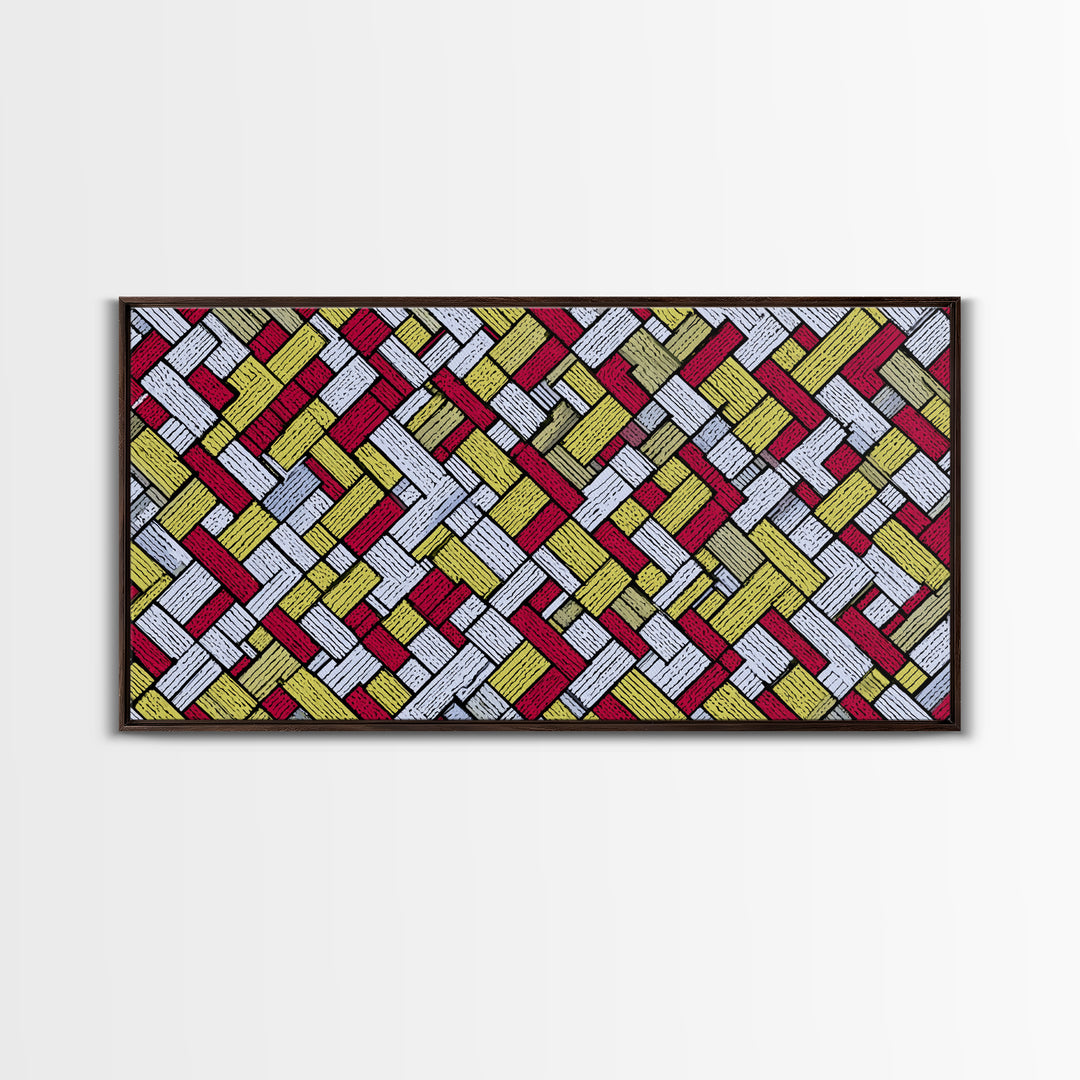 Red Yellow Herringbone Brick Pattern Canvas Print, Retro Geometric Wall Art, Mid Century Modern Decor For Kitchen Office