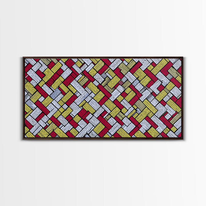 Red Yellow Herringbone Brick Pattern Canvas Print, Retro Geometric Wall Art, Mid Century Modern Decor For Kitchen Office