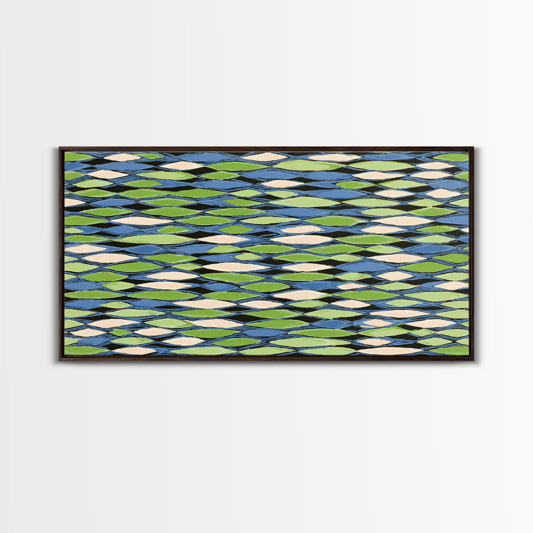 Blue Green Cream Diamond Lattice Wall Art, Scandinavian Modern Geometric Print, Mid Century Decor For Living Room Office