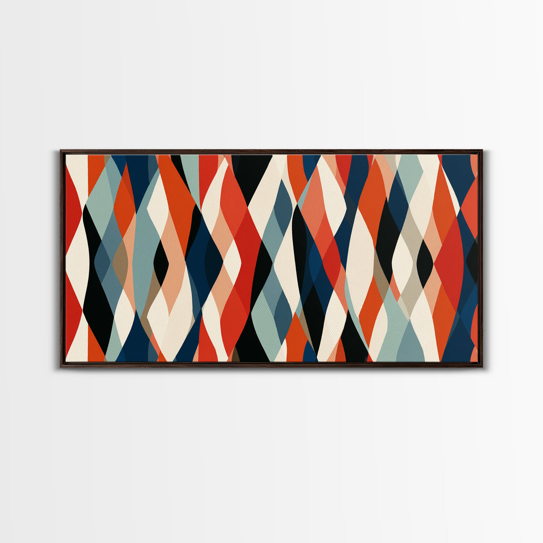 Red Teal Cream Wavy Diamond Pattern Framed Canvas Print, Retro Modern Abstract Wall Art, Mid Century Decor For Living Room
