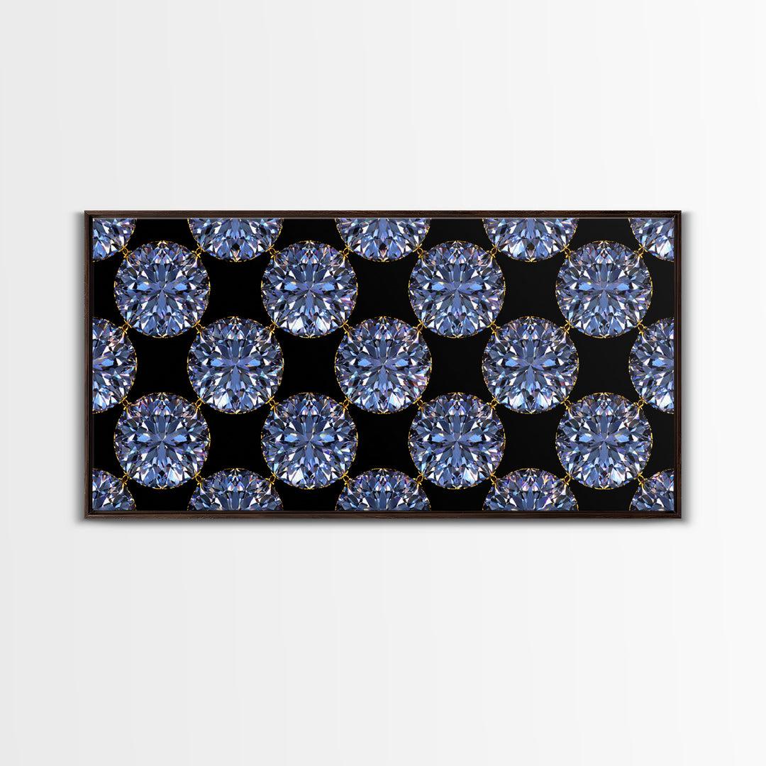 Blue Diamond Gemstone Circle Pattern Framed Canvas Print, Glam Modern Wall Art, Geometric Decor For Bedroom Vanity Office