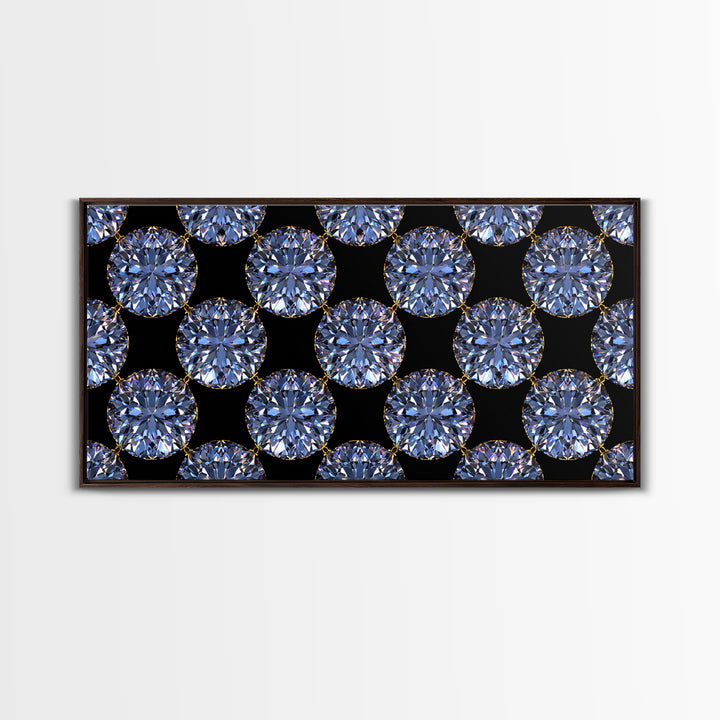 Blue Diamond Gemstone Circle Pattern Framed Canvas Print, Glam Modern Wall Art, Geometric Decor For Bedroom Vanity Office