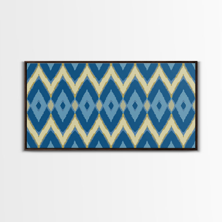 Blue Gold Ikat Chevron Diamond Wall Art, Scandinavian Modern Geometric Print, Mid Century Decor For Bedroom Living Room Home