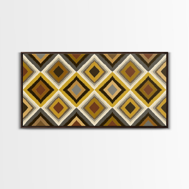 Brown Gold Gray Retro Diamond Pattern Canvas Print, Mid Century Modern Wall Art, Geometric MCM Decor For Living Room Office