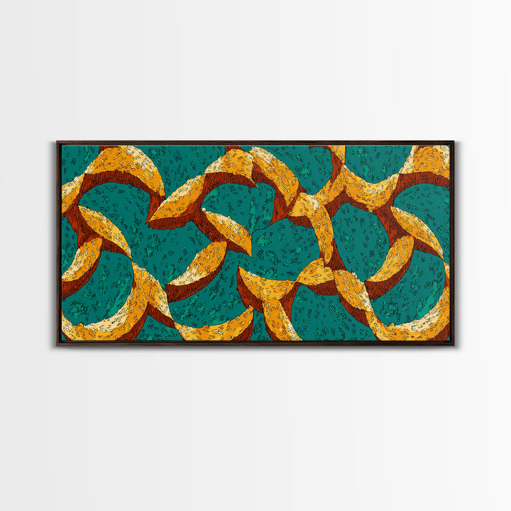Teal And Mustard Boomerang Atomic Pattern Wall Art, Midcentury Modern Retro Print, Funky Geometric Decor For Home Office
