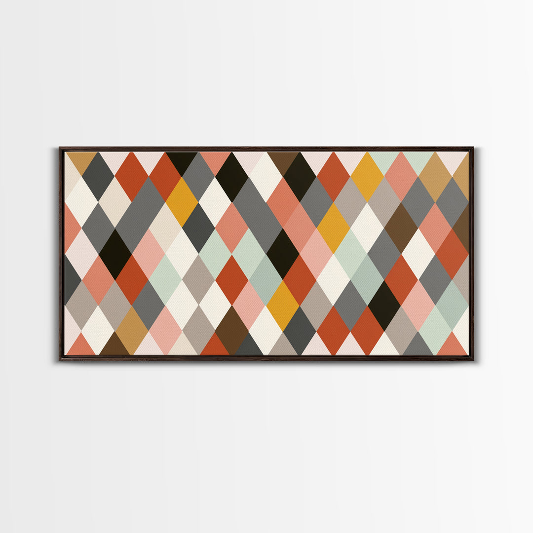 Pastel Orange Gray Harlequin Diamond Wall Art, Mid Century Modern Abstract Print, Geometric MCM Decor For Living Room Office