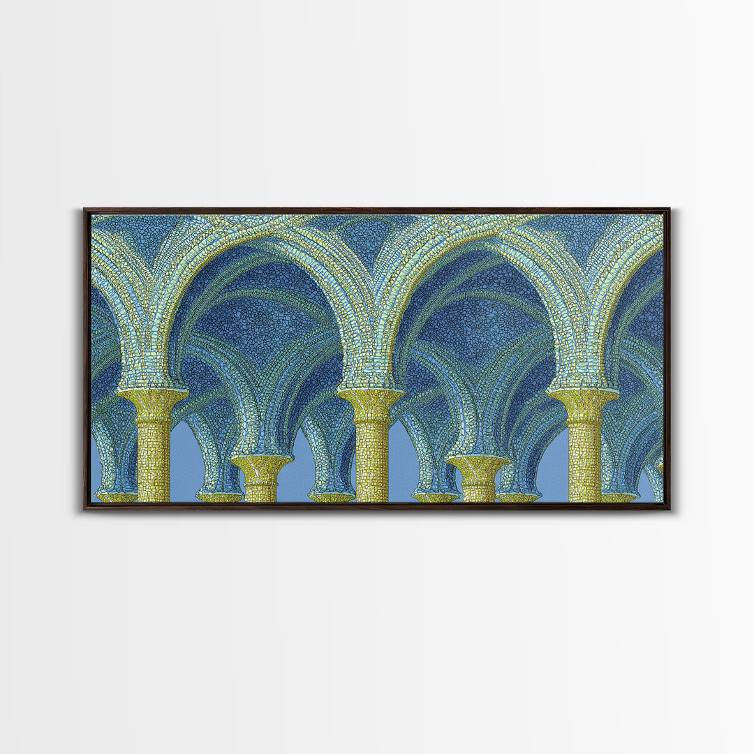 Blue Gold Mosaic Vaulted Arches Framed Canvas Print, Architectural Art, Modern Wall Decor, Midcentury Abstract Art, Blue Art Print