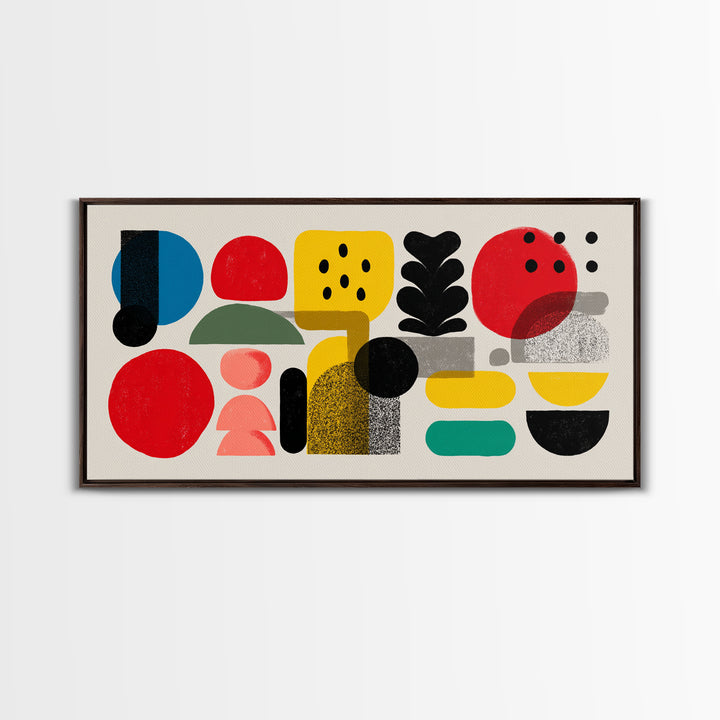 Playful Bauhaus Shapes And Plant Canvas Print, Midcentury Modern Wall Art, Colorful Abstract Decor, Modern Art Print, Home Office Art