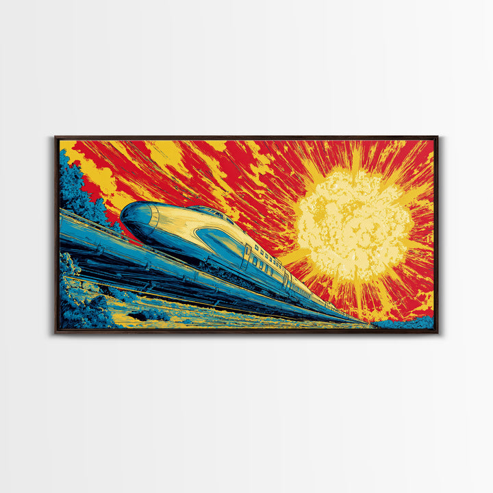 Streamlined Bullet Train Canvas Print, Blazing Solar Sky Poster, Retro Sci Fi Travel Art, Midcentury Modern Wall Decor, MCM