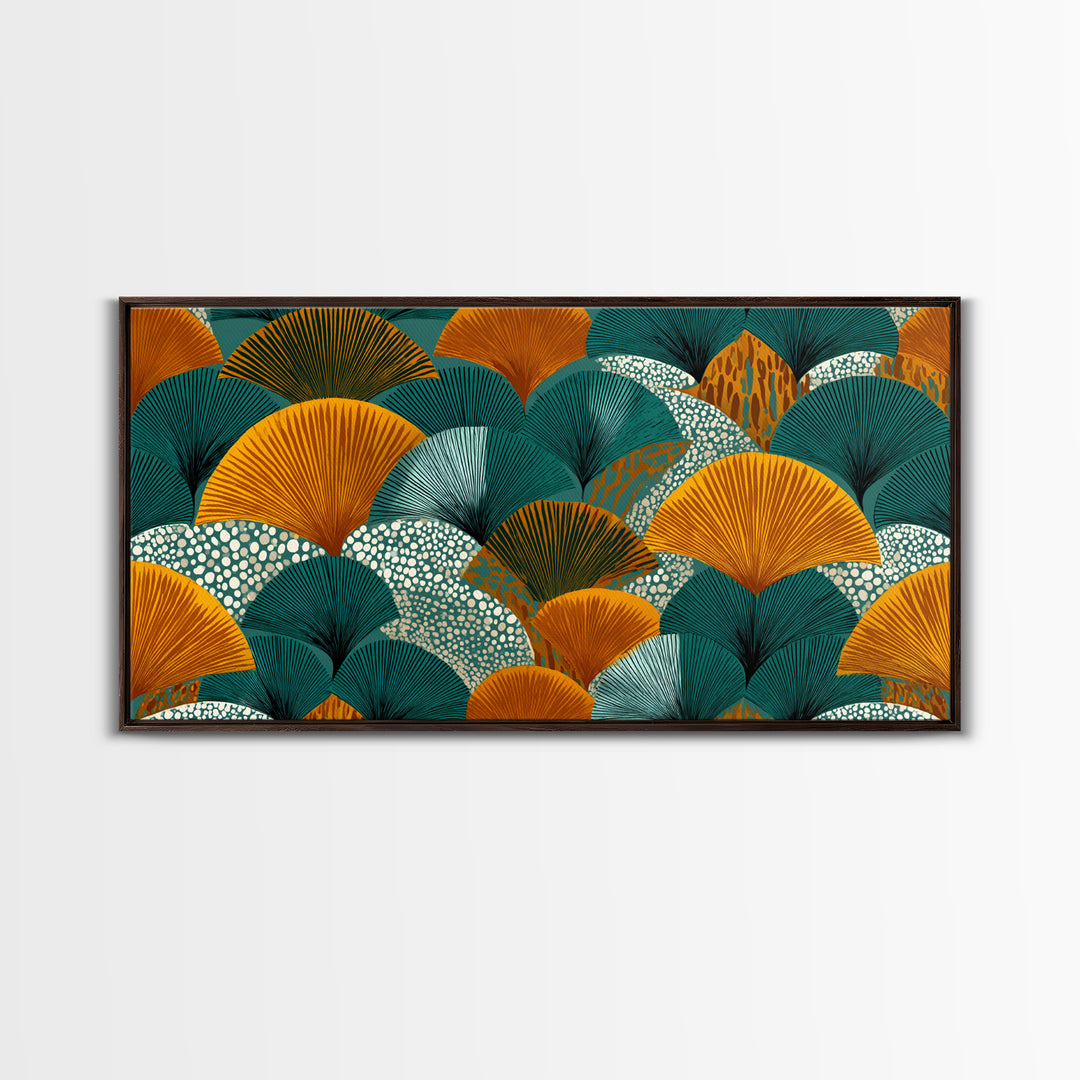 Ginkgo Fan Leaves In Teal Mustard And Aqua Canvas Print, Midcentury Modern Botanical Wall Art, Art Deco Pattern Decor Poster