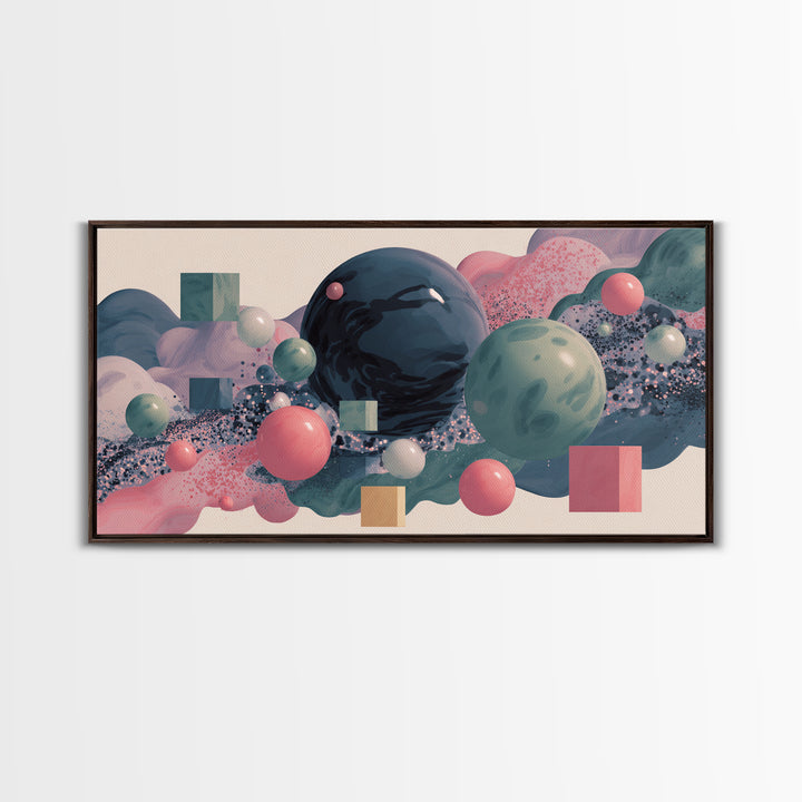 Pastel 3D Spheres And Abstract Cloudscape Framed Canvas Print, Midcentury Modern Wall Art, Retro Modern Home Decor, Gallery Wall Decor