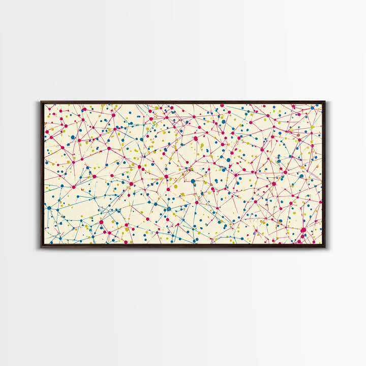 Pink Teal Yellow Connected Dot Pattern Canvas Print, Midcentury Modern Abstract Wall Art, Colorful Geometric Home Office Decor