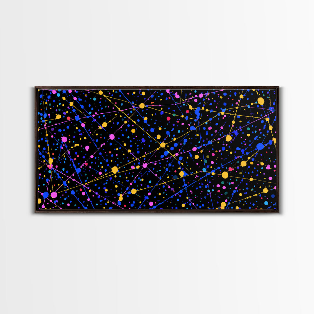 Black Cosmic Splatter Network With Pink Blue Gold Dots Wall Art, Retro Modern Abstract Art Print, Space Abstract Living Room Decor
