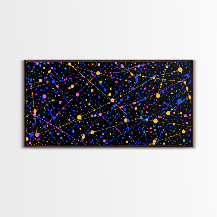 Black Cosmic Splatter Network With Pink Blue Gold Dots Wall Art, Retro Modern Abstract Art Print, Space Abstract Living Room Decor