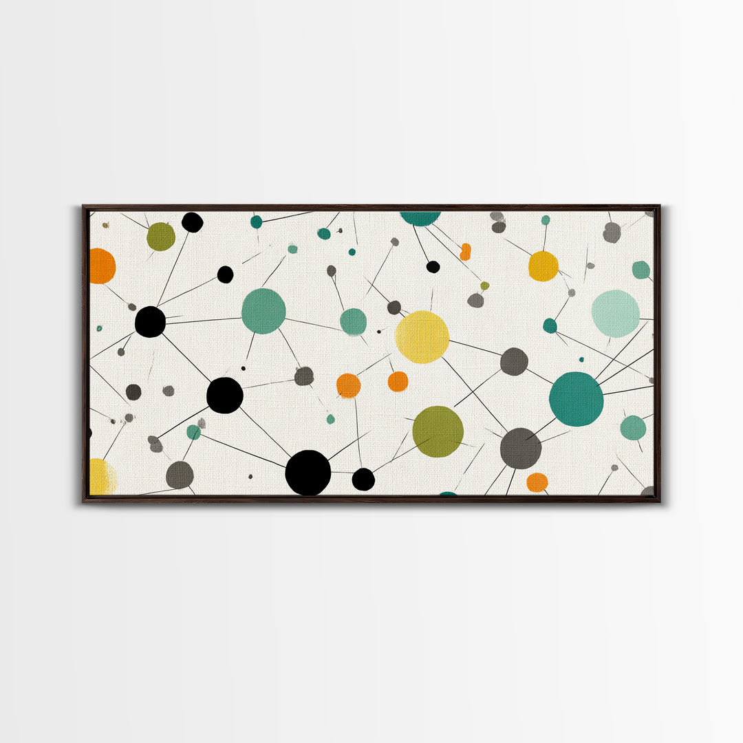 Teal Yellow Orange Atomic Circles Framed Canvas Print, Midcentury Modern Wall Art, Geometric Abstract Office And Home Decor
