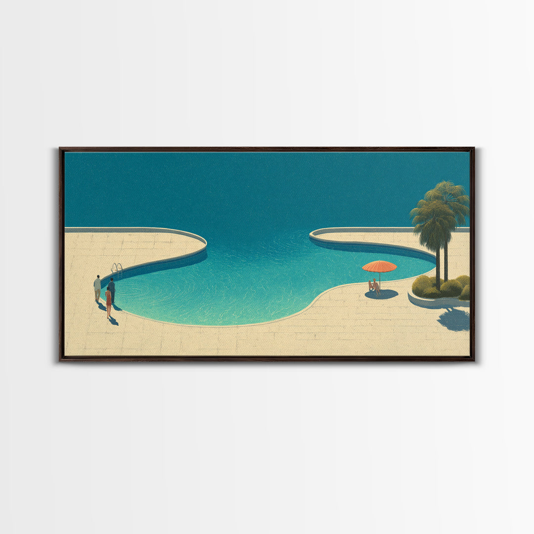 Serene Lagoon Pool With Palm And Umbrella Framed Canvas Print, Mid Century Modern Wall Decor, Retro Coastal Resort Art Poster