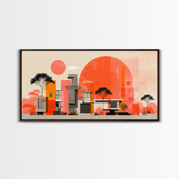 Orange Modernist Architecture And Red Sun Wall Art, Mid Century Modern Decor, Abstract Desert Print, Bauhaus Style Poster