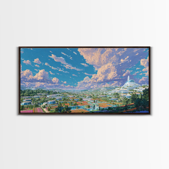 Futuristic Eco City Under Big Clouds Canvas Print, Sci Fi Landscape Wall Decor, Modern Utopia Poster, Panoramic Home Art
