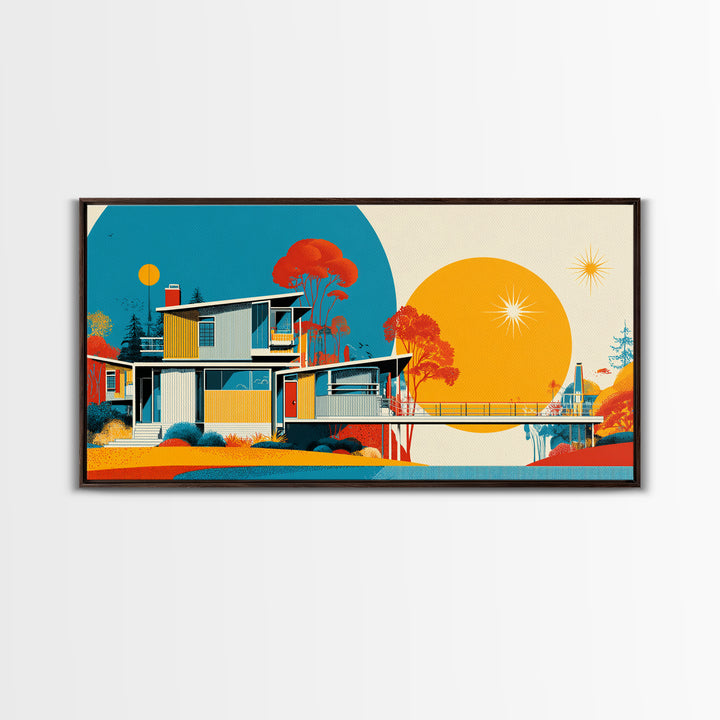 Midcentury House With Teal Arch And Golden Sun Wall Art, Mid Century Modern Decor, Retro Geometric Poster, Orange Print Gift