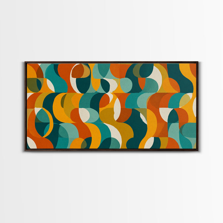 Teal Orange Mustard Geometric Pattern Canvas Print, Midcentury Modern Wall Art, Retro Bauhaus Living Room Decor, Bold MCM Home Decor Art